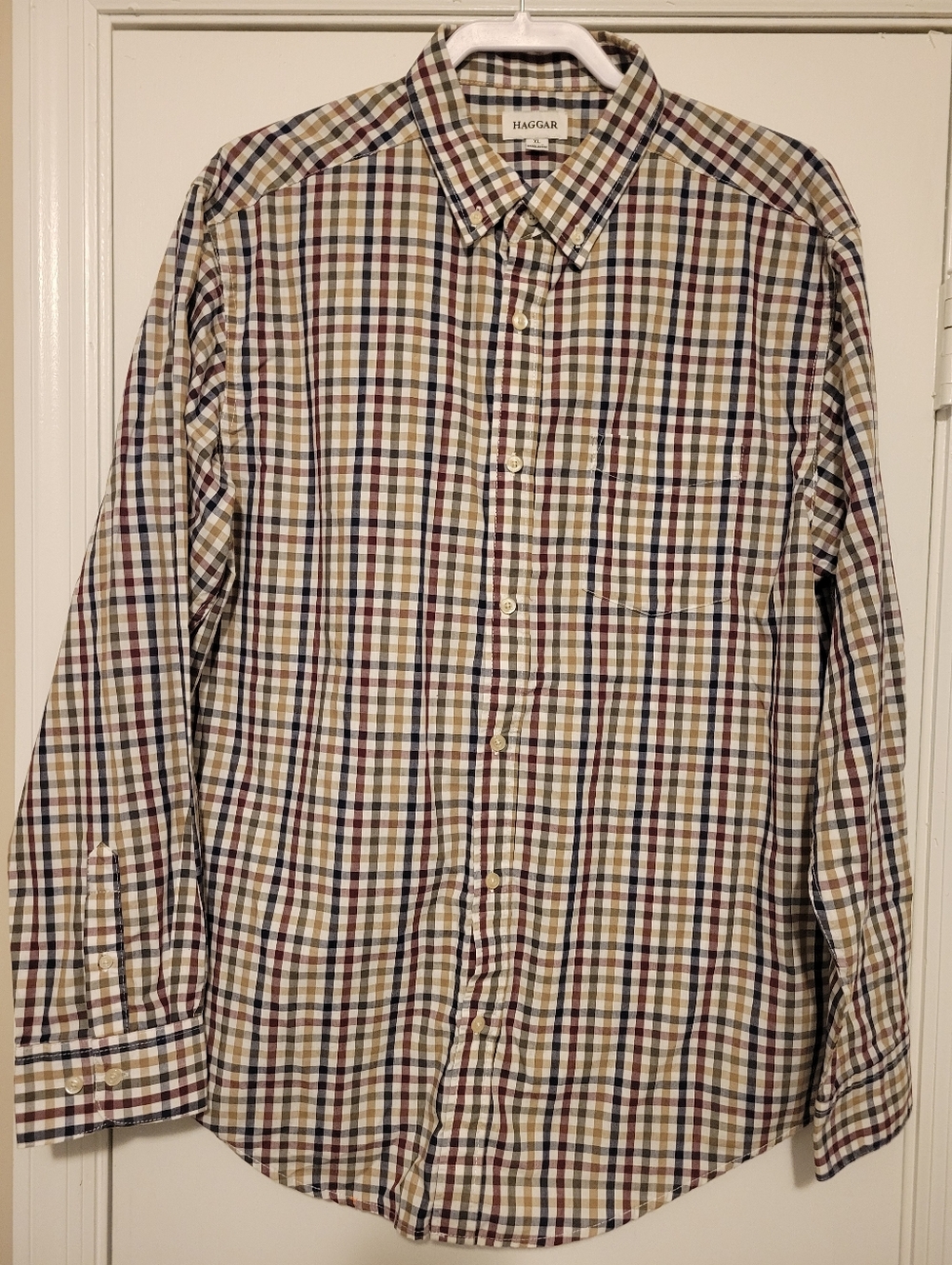 Haggar Men's Long-Sleeve Plaid Button-Down Shirt in Cream, Navy & Brown
